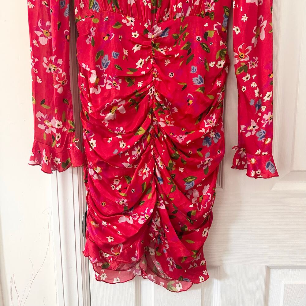Sau Lee Red Floral Print Ruched Skirt Long Sleeve Fitted Sheath Mini Dress 2 - Picture 3 of 8
